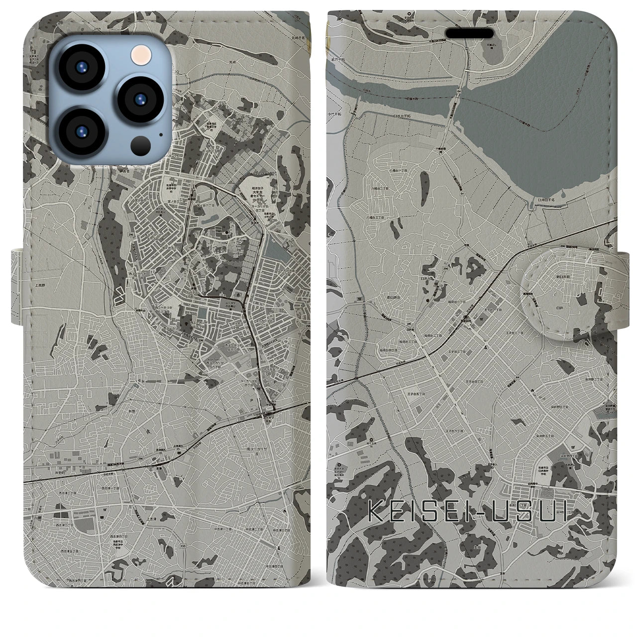 【京成臼井(千葉県)】地図柄iPhoneケース(手帳タイプ)モノトーン・iPhone 13 Pro Max 用