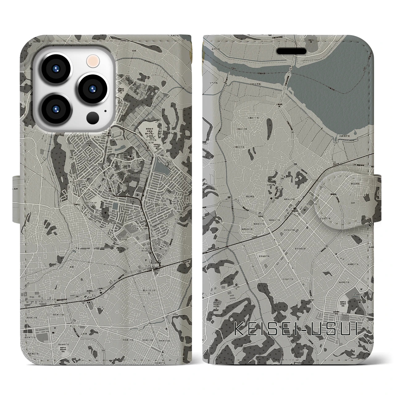 【京成臼井(千葉県)】地図柄iPhoneケース(手帳タイプ)モノトーン・iPhone 13 Pro 用