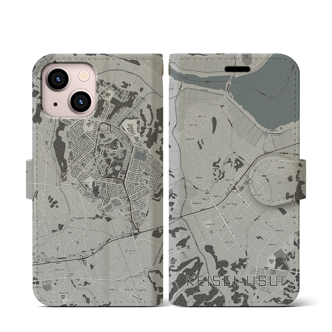 【京成臼井(千葉県)】地図柄iPhoneケース(手帳タイプ)モノトーン・iPhone 13 mini 用