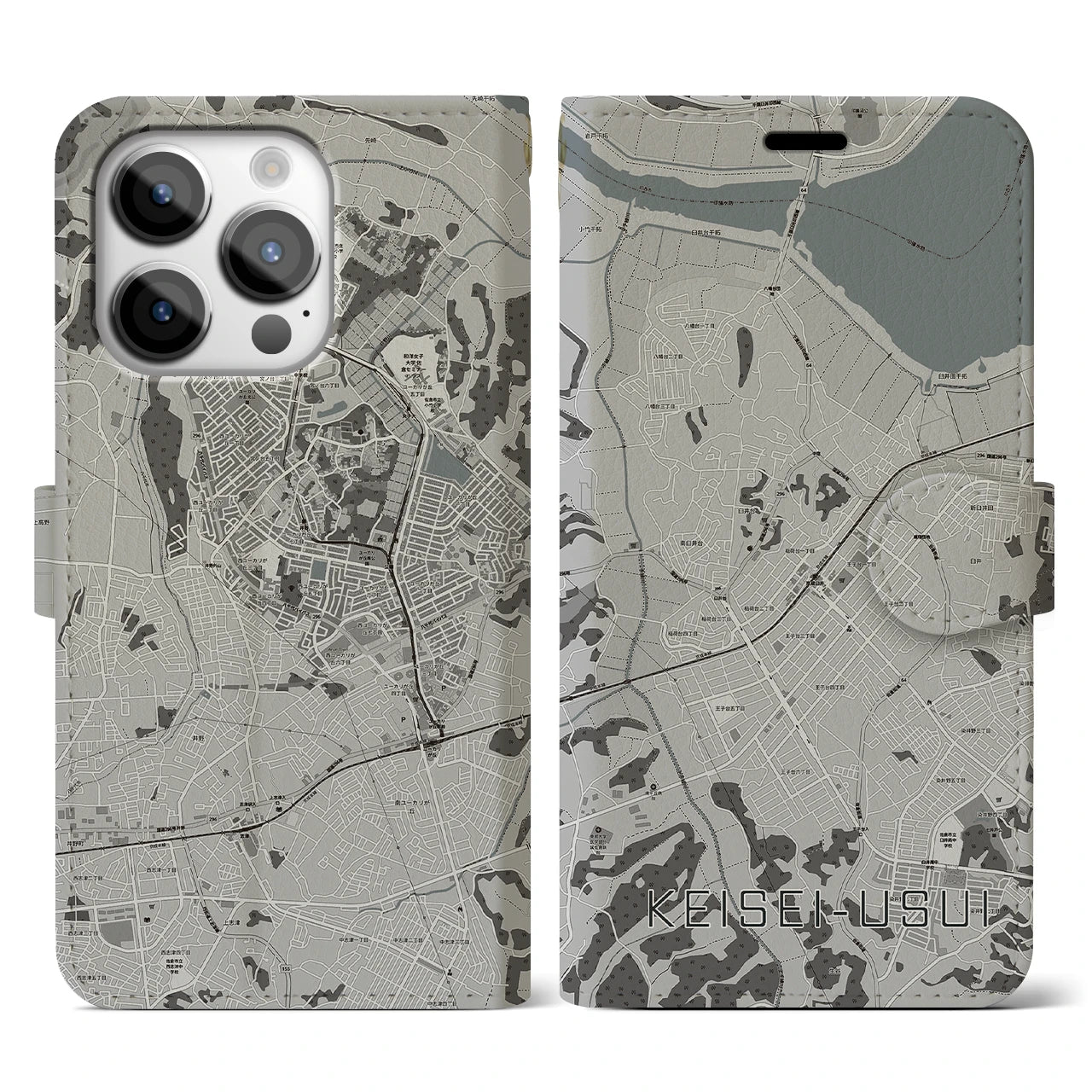 【京成臼井(千葉県)】地図柄iPhoneケース(手帳タイプ)モノトーン・iPhone 14 Pro 用