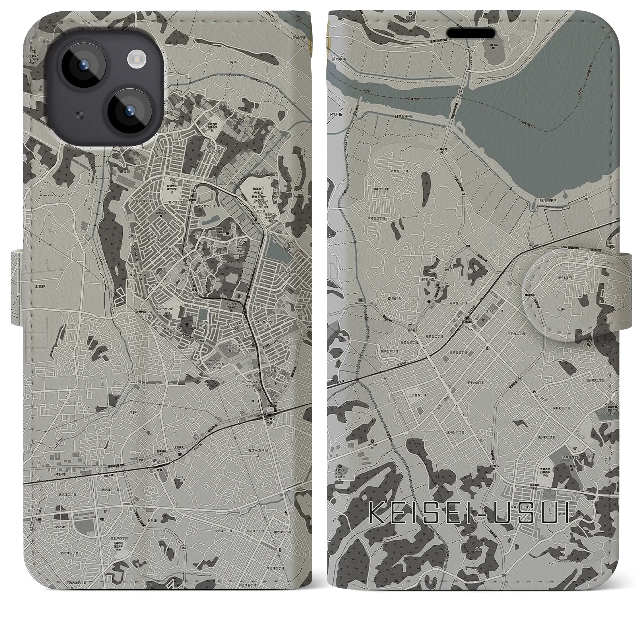 【京成臼井(千葉県)】地図柄iPhoneケース(手帳タイプ)モノトーン・iPhone 14 Plus 用