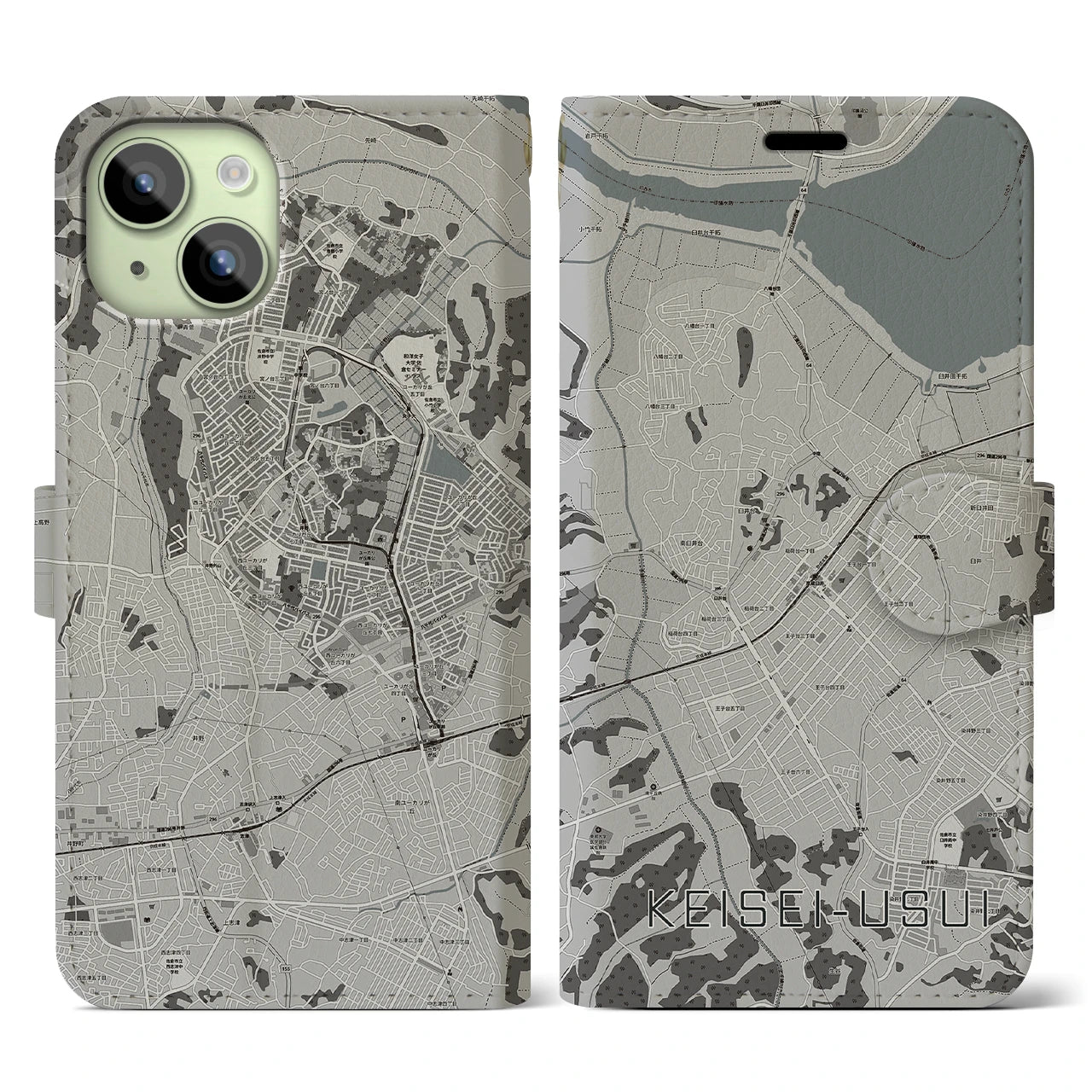 【京成臼井(千葉県)】地図柄iPhoneケース(手帳タイプ)モノトーン・iPhone 15 用