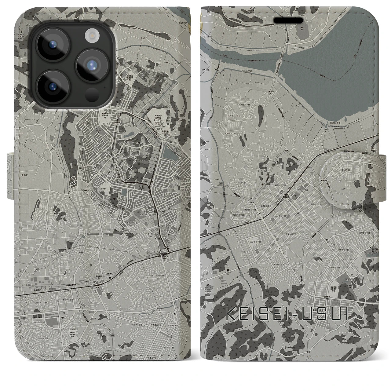 【京成臼井(千葉県)】地図柄iPhoneケース(手帳タイプ)モノトーン・iPhone 15 Pro Max 用