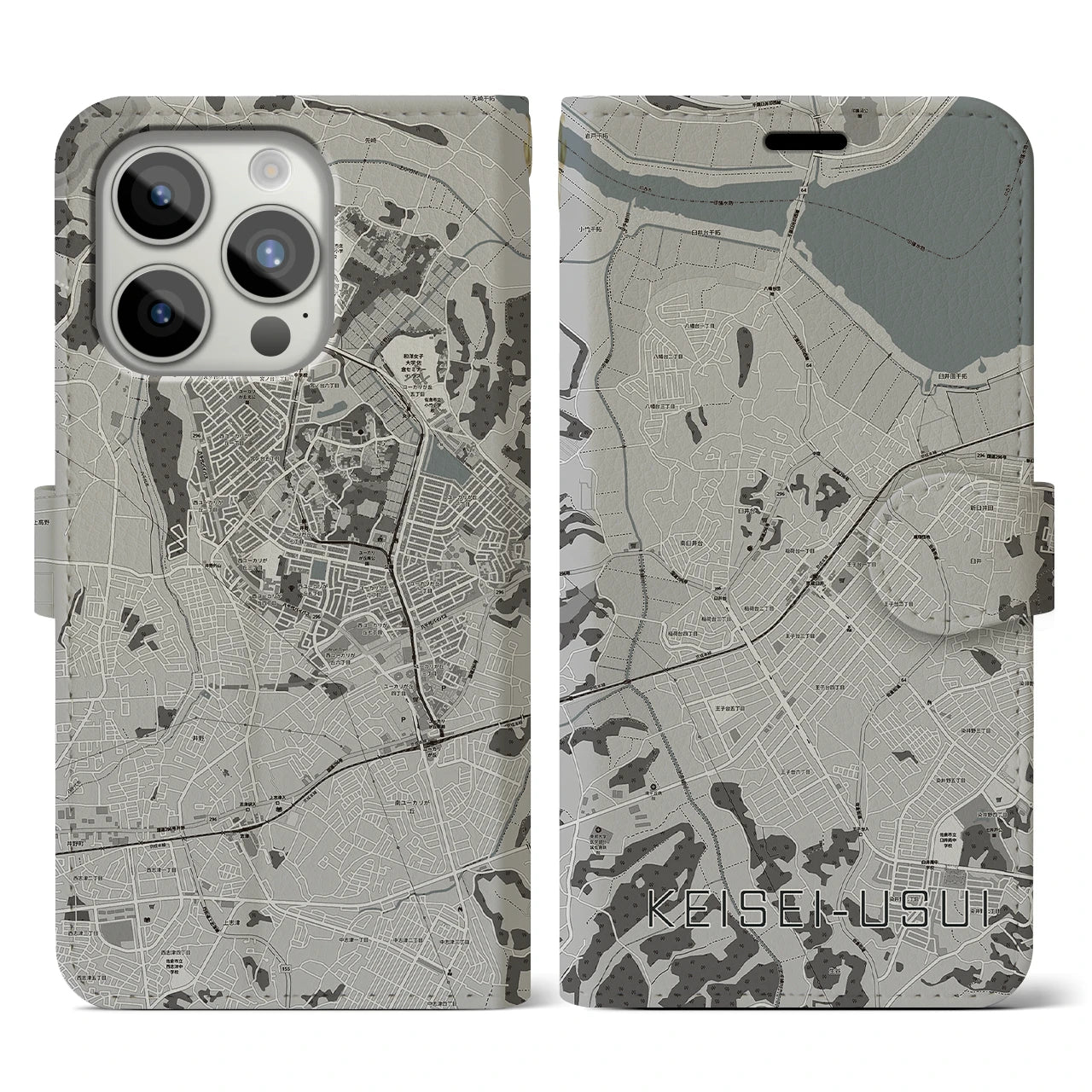 【京成臼井(千葉県)】地図柄iPhoneケース(手帳タイプ)モノトーン・iPhone 15 Pro 用