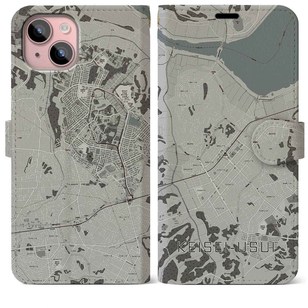 【京成臼井(千葉県)】地図柄iPhoneケース(手帳タイプ)モノトーン・iPhone 15 Plus 用