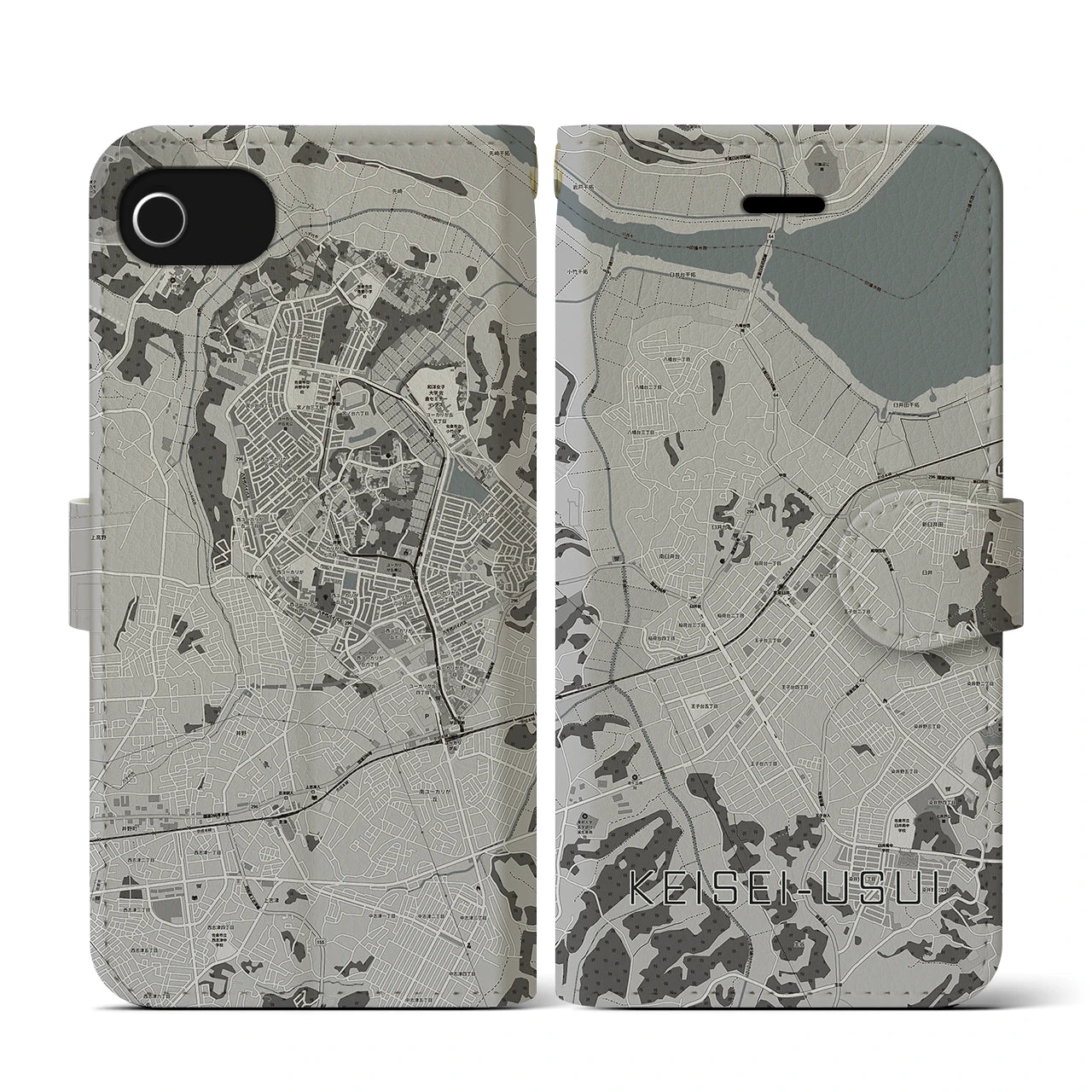 【京成臼井(千葉県)】地図柄iPhoneケース(手帳タイプ)モノトーン・iPhone SE(第3 / 第2世代) / 8 / 7 / 6s / 6 用