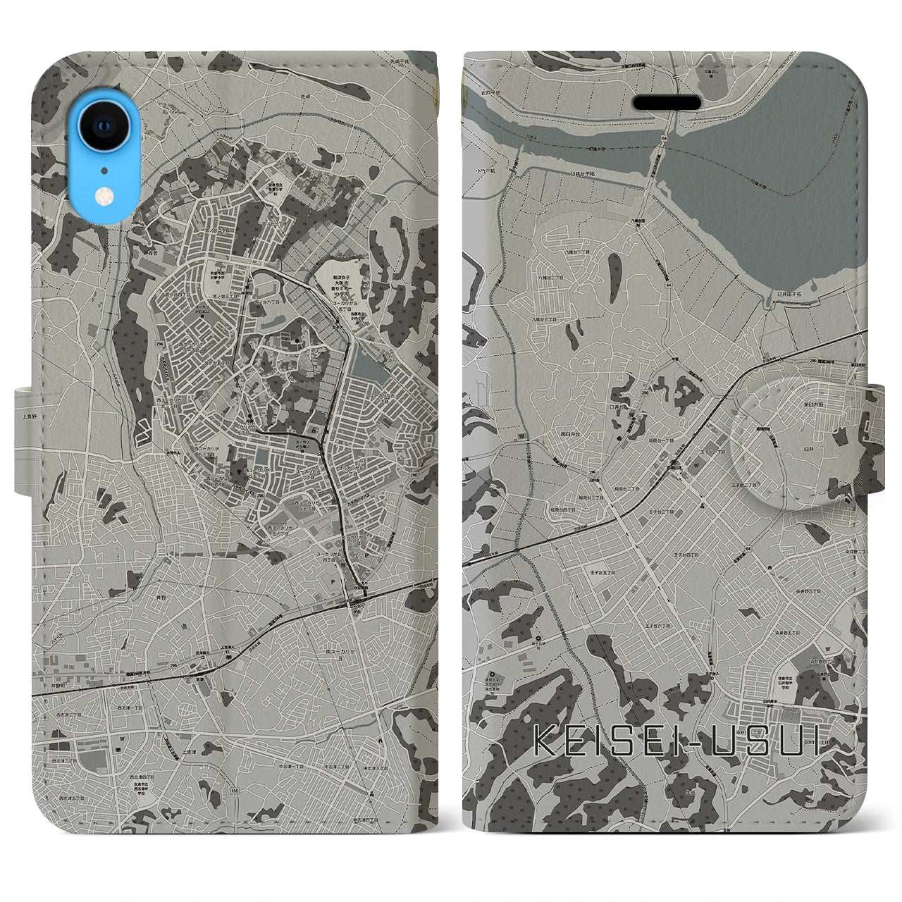 【京成臼井(千葉県)】地図柄iPhoneケース(手帳タイプ)モノトーン・iPhone XR 用