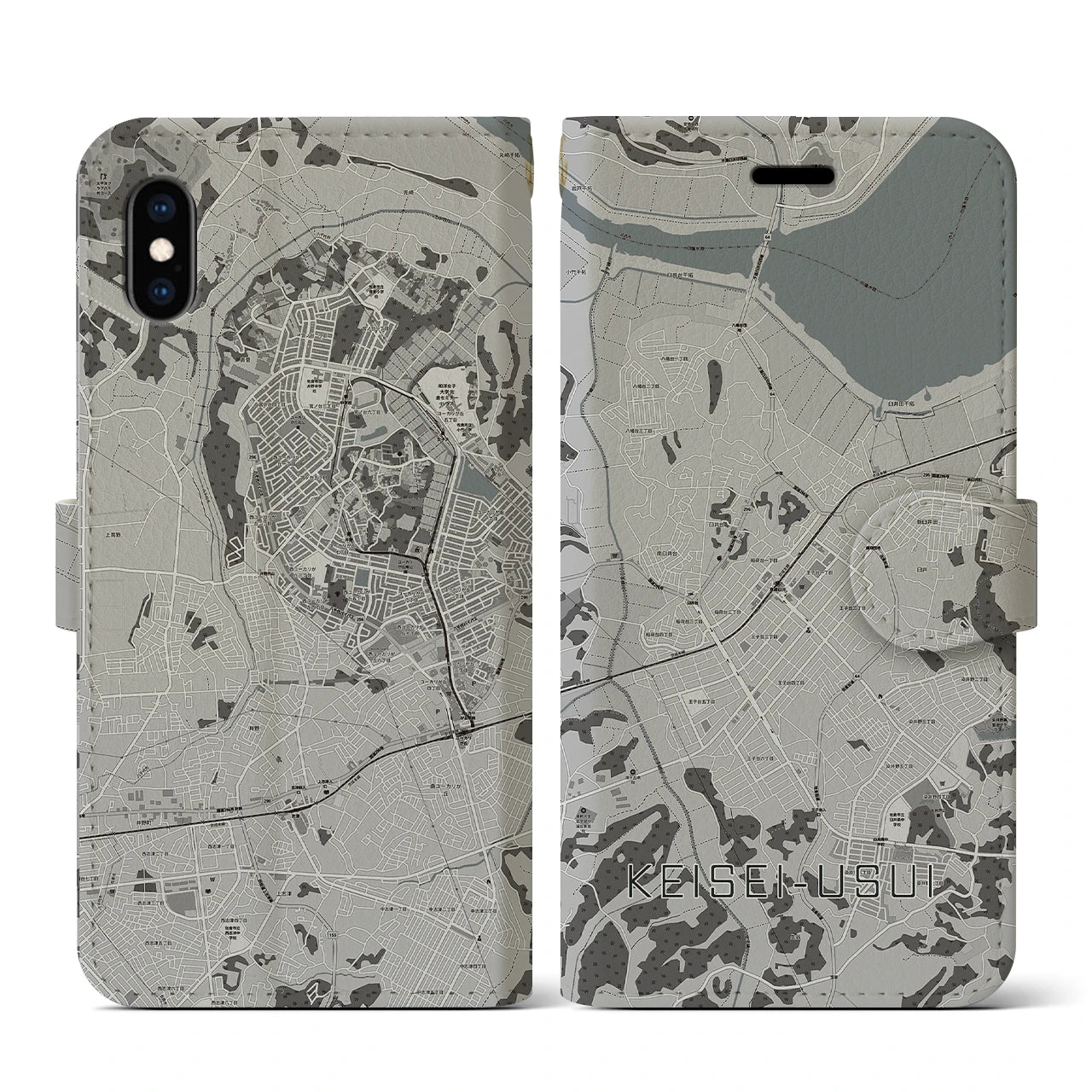 【京成臼井(千葉県)】地図柄iPhoneケース(手帳タイプ)モノトーン・iPhone XS / X 用