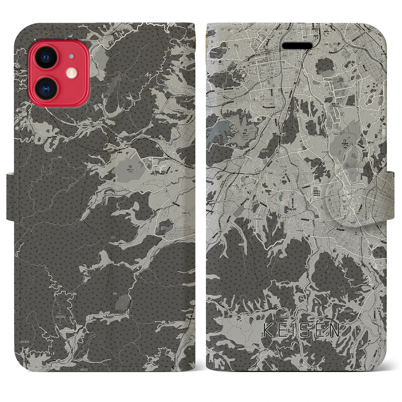 【桂川(福岡県)】地図柄iPhoneケース(手帳タイプ)モノトーン・iPhone 11 用