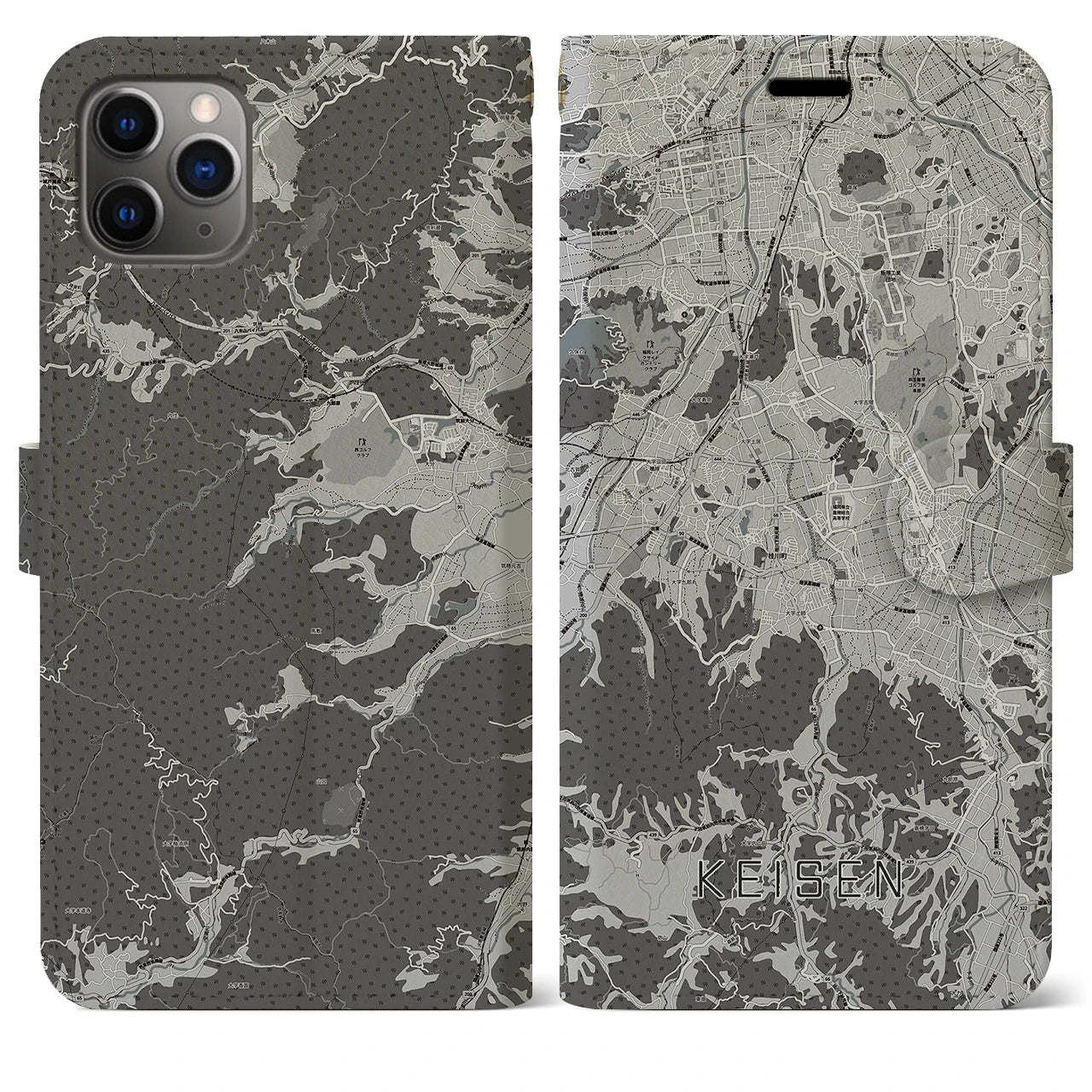 【桂川(福岡県)】地図柄iPhoneケース(手帳タイプ)モノトーン・iPhone 11 Pro Max 用