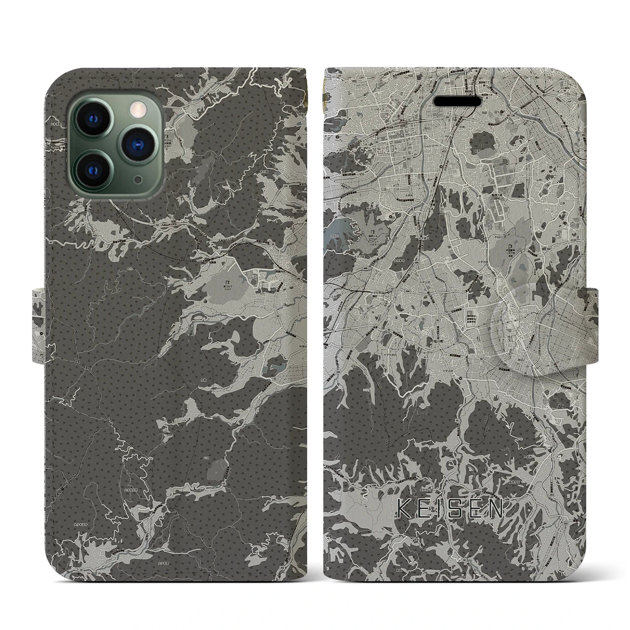 【桂川(福岡県)】地図柄iPhoneケース(手帳タイプ)モノトーン・iPhone 11 Pro 用