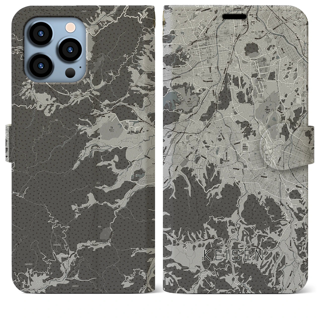 【桂川(福岡県)】地図柄iPhoneケース(手帳タイプ)モノトーン・iPhone 13 Pro Max 用