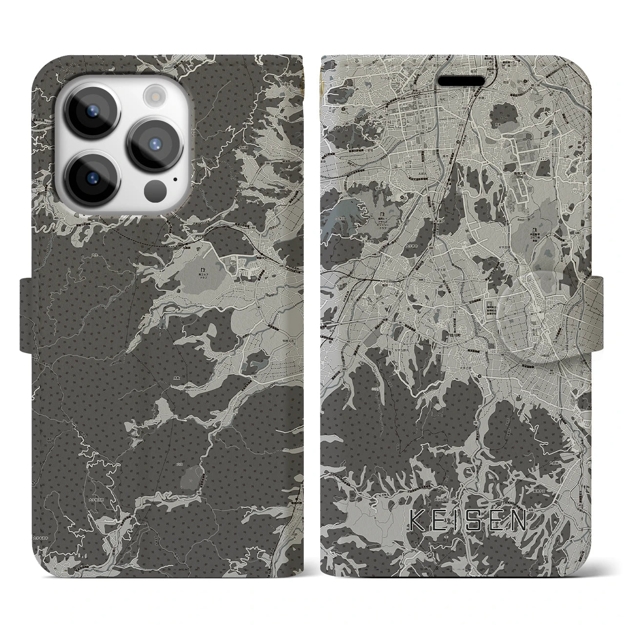 【桂川(福岡県)】地図柄iPhoneケース(手帳タイプ)モノトーン・iPhone 14 Pro 用