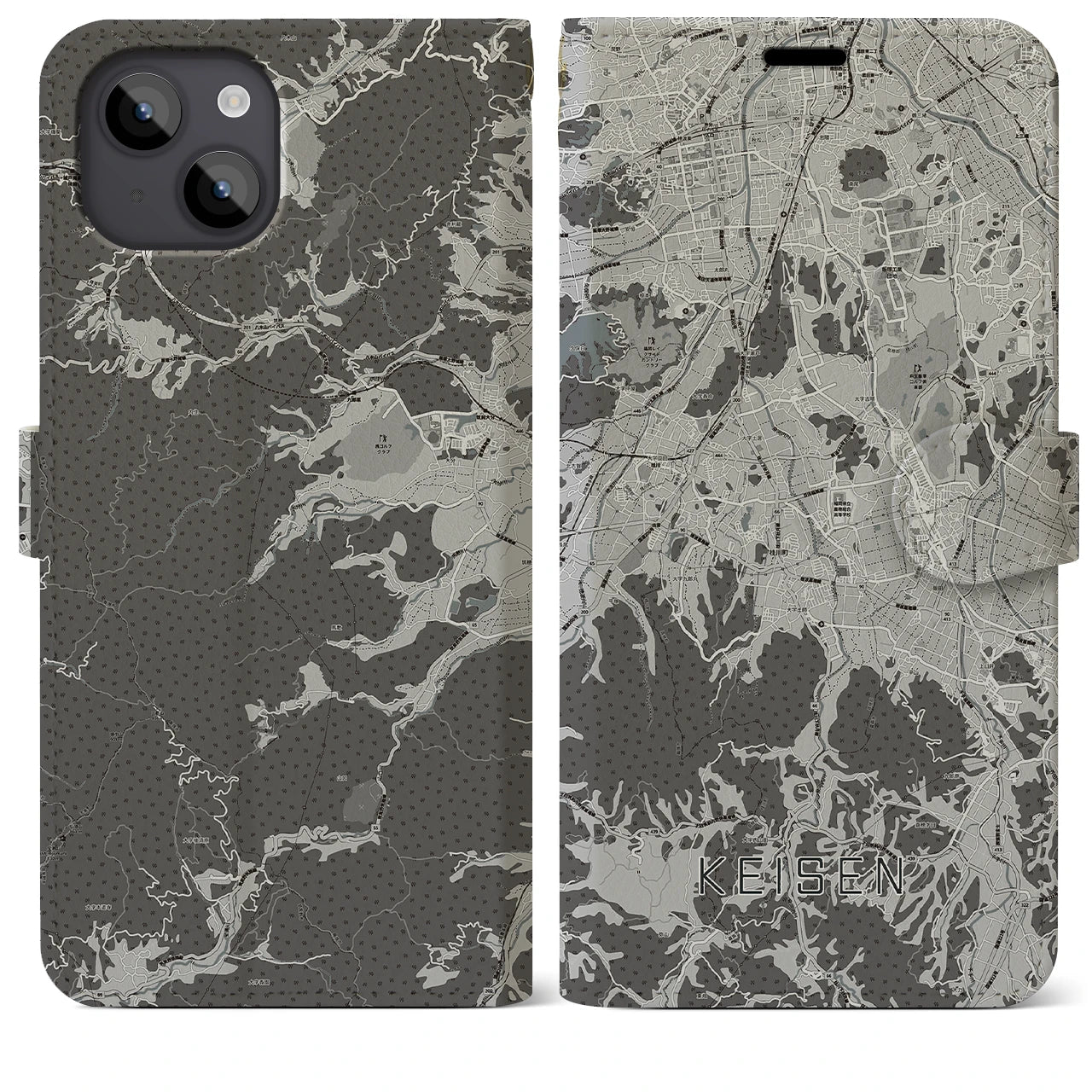 【桂川(福岡県)】地図柄iPhoneケース(手帳タイプ)モノトーン・iPhone 14 Plus 用