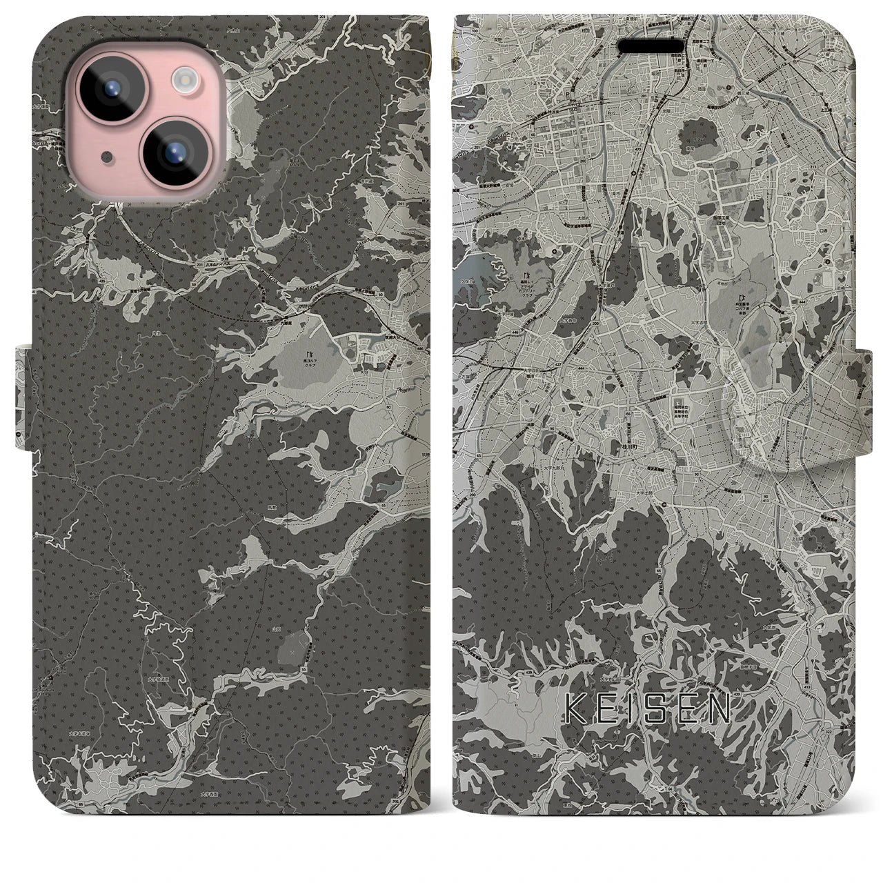 【桂川(福岡県)】地図柄iPhoneケース(手帳タイプ)モノトーン・iPhone 15 Plus 用