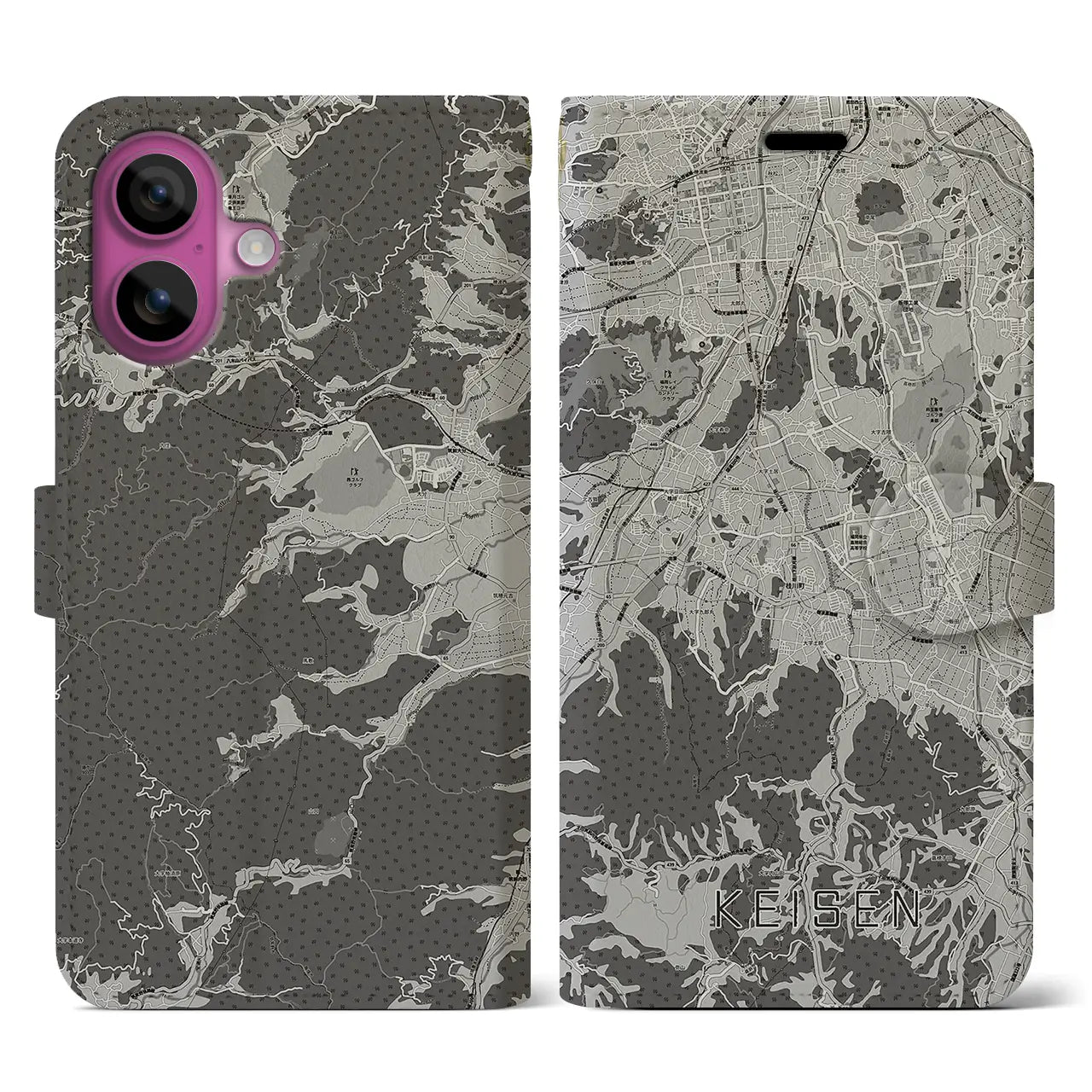 【桂川(福岡県)】地図柄iPhoneケース(手帳タイプ)モノトーン・iPhone 16 Pro 用