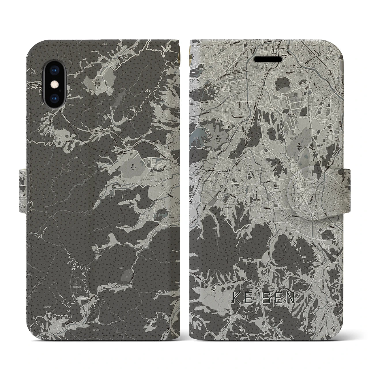 【桂川(福岡県)】地図柄iPhoneケース(手帳タイプ)モノトーン・iPhone XS / X 用