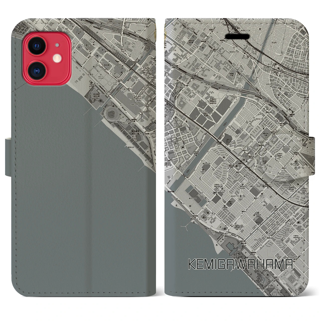 【検見川浜(千葉県)】地図柄iPhoneケース(手帳タイプ)モノトーン・iPhone 11 用