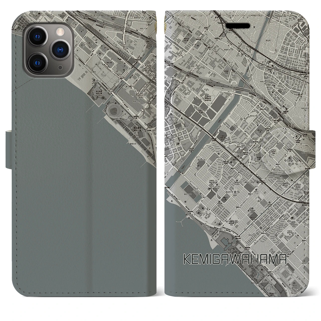 【検見川浜(千葉県)】地図柄iPhoneケース(手帳タイプ)モノトーン・iPhone 11 Pro Max 用