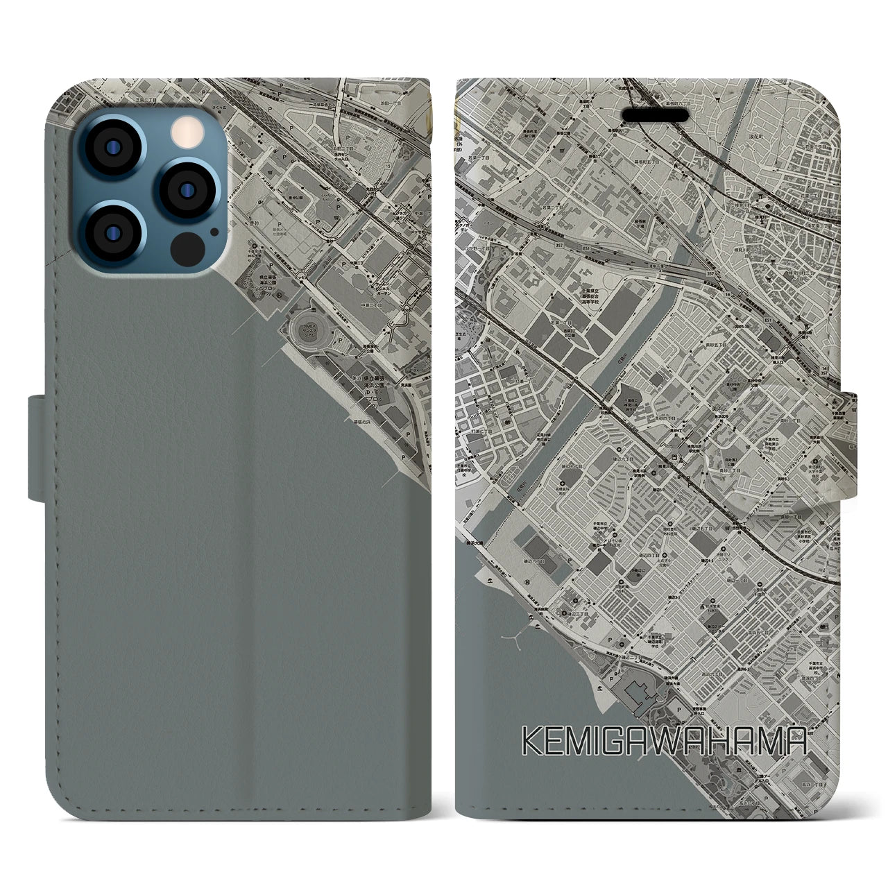 【検見川浜(千葉県)】地図柄iPhoneケース(手帳タイプ)モノトーン・iPhone 12 / 12 Pro 用
