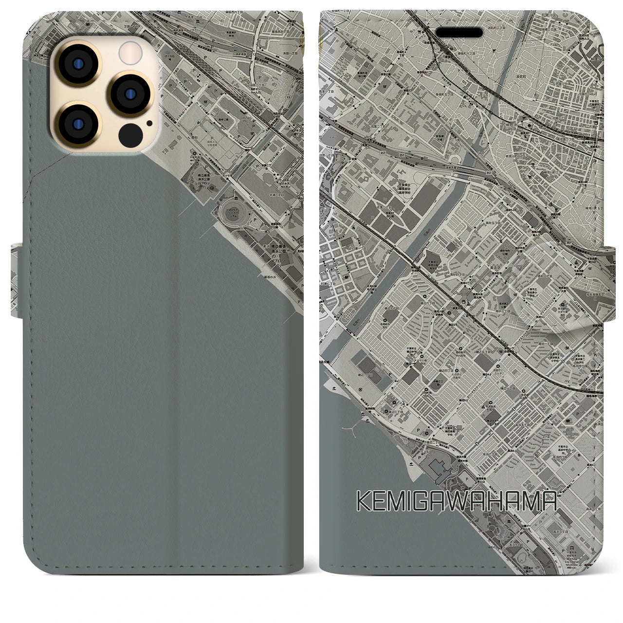 【検見川浜(千葉県)】地図柄iPhoneケース(手帳タイプ)モノトーン・iPhone 12 Pro Max 用