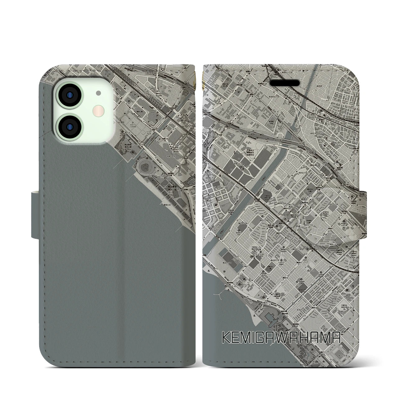 【検見川浜(千葉県)】地図柄iPhoneケース(手帳タイプ)モノトーン・iPhone 12 mini 用