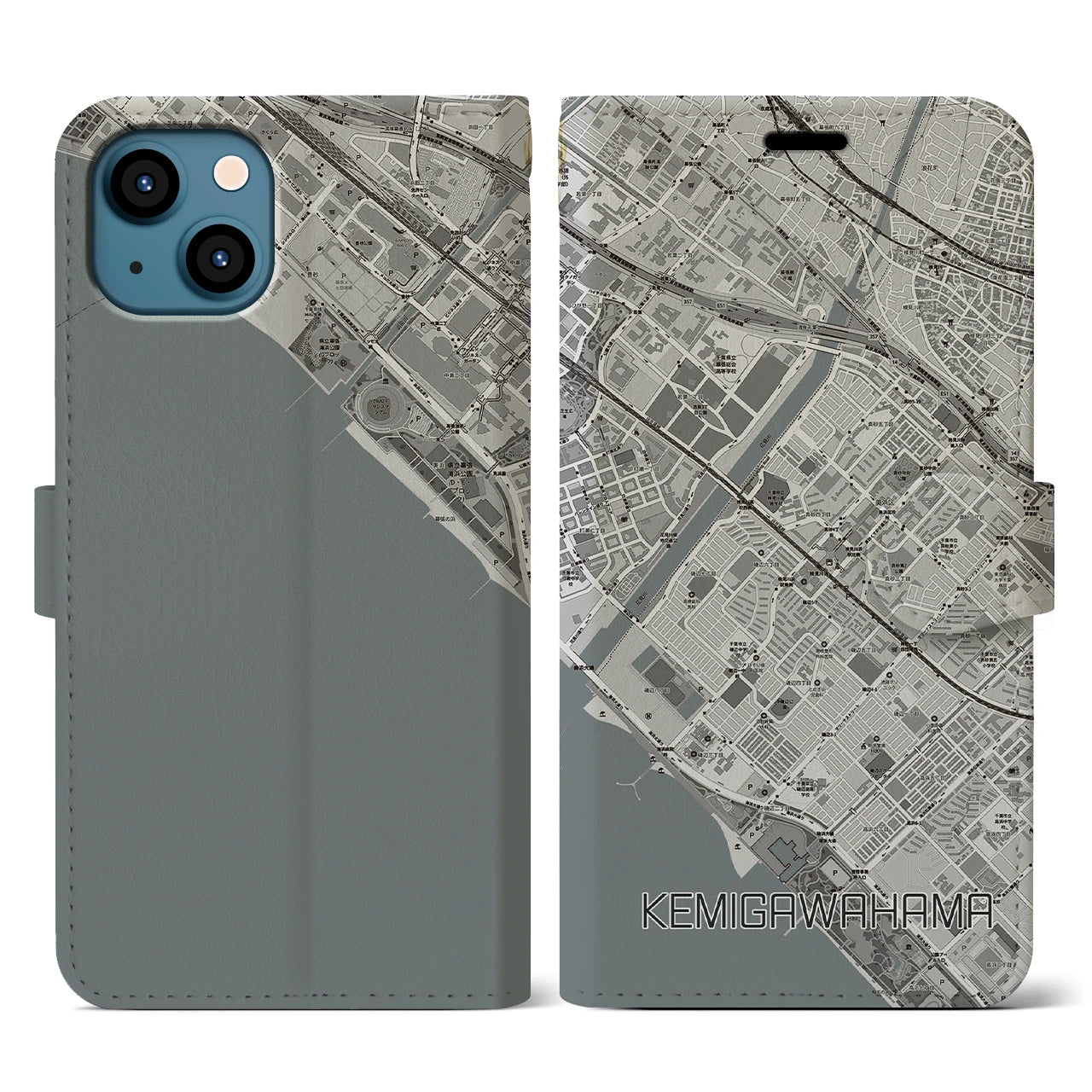 【検見川浜(千葉県)】地図柄iPhoneケース(手帳タイプ)モノトーン・iPhone 13 用