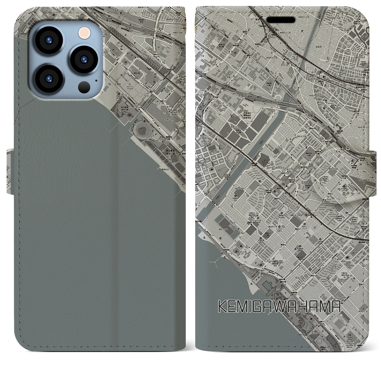 【検見川浜(千葉県)】地図柄iPhoneケース(手帳タイプ)モノトーン・iPhone 13 Pro Max 用