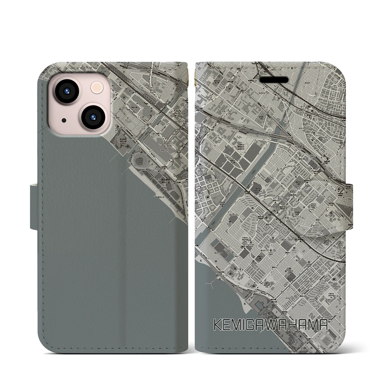 【検見川浜(千葉県)】地図柄iPhoneケース(手帳タイプ)モノトーン・iPhone 13 mini 用