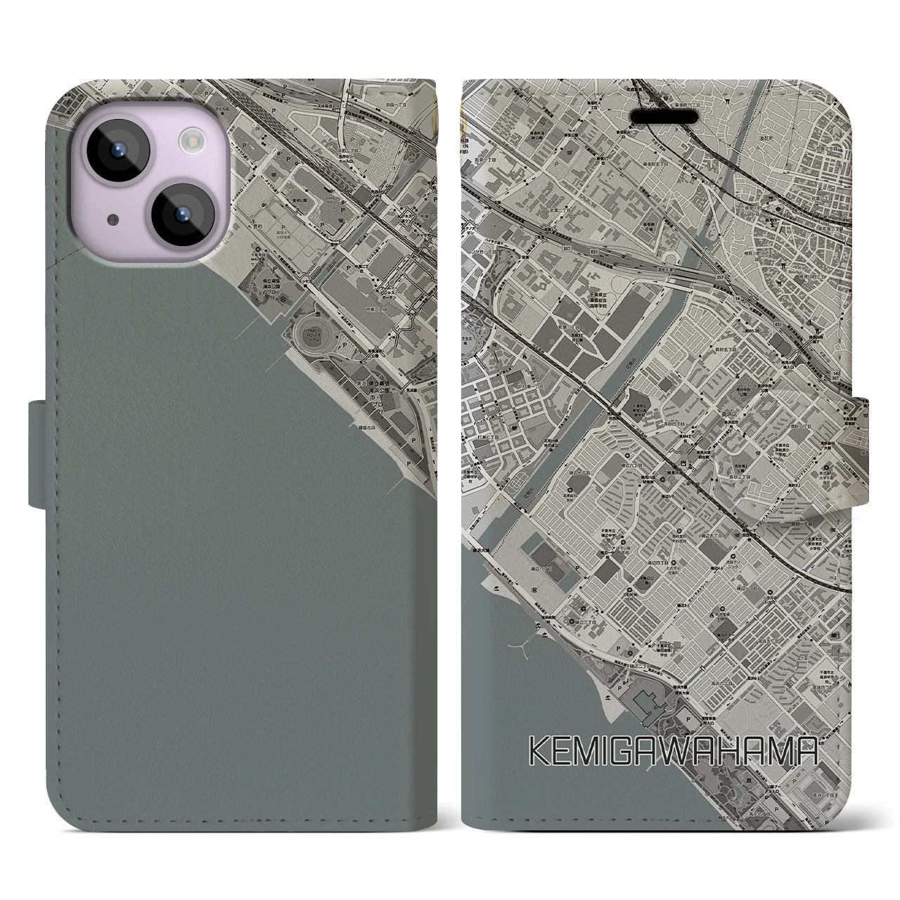 【検見川浜(千葉県)】地図柄iPhoneケース(手帳タイプ)モノトーン・iPhone 14 用