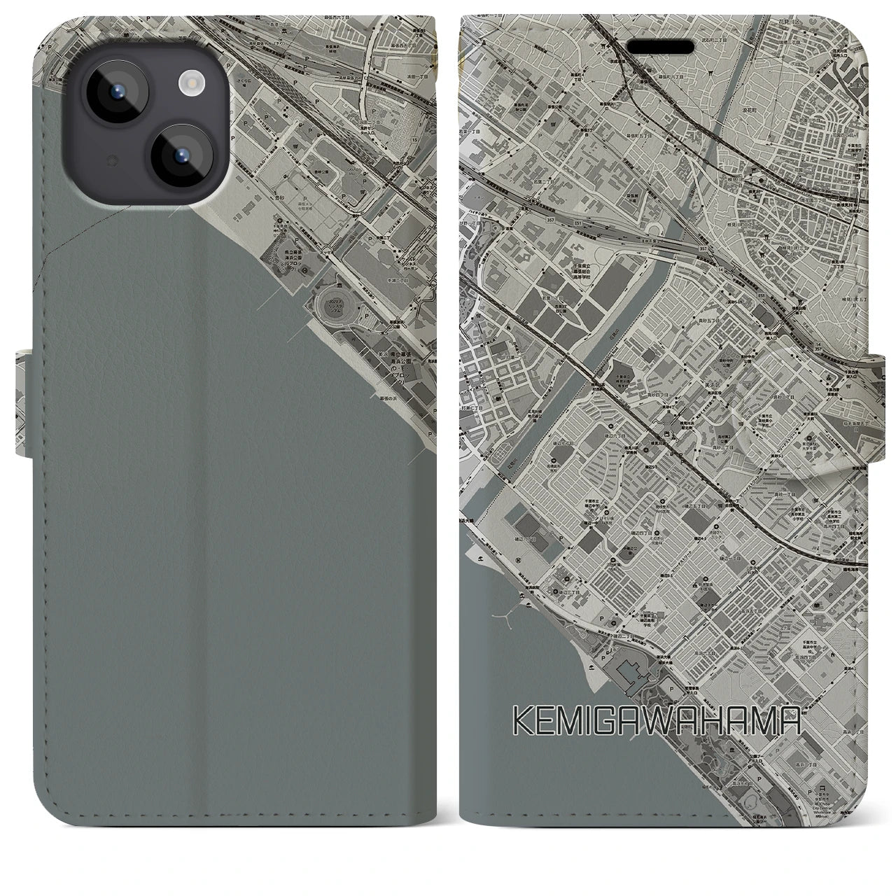 【検見川浜(千葉県)】地図柄iPhoneケース(手帳タイプ)モノトーン・iPhone 14 Plus 用