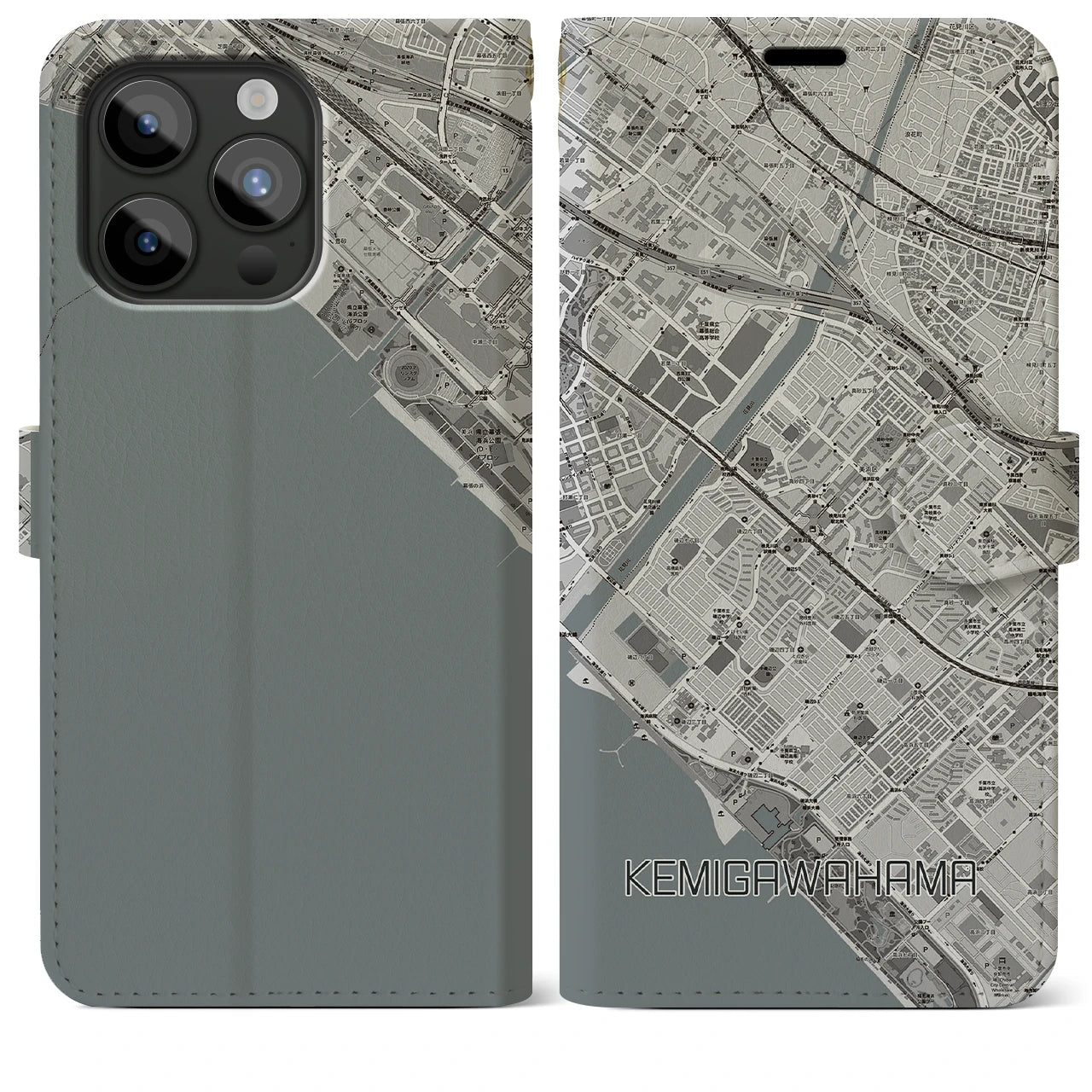 【検見川浜(千葉県)】地図柄iPhoneケース(手帳タイプ)モノトーン・iPhone 15 Pro Max 用