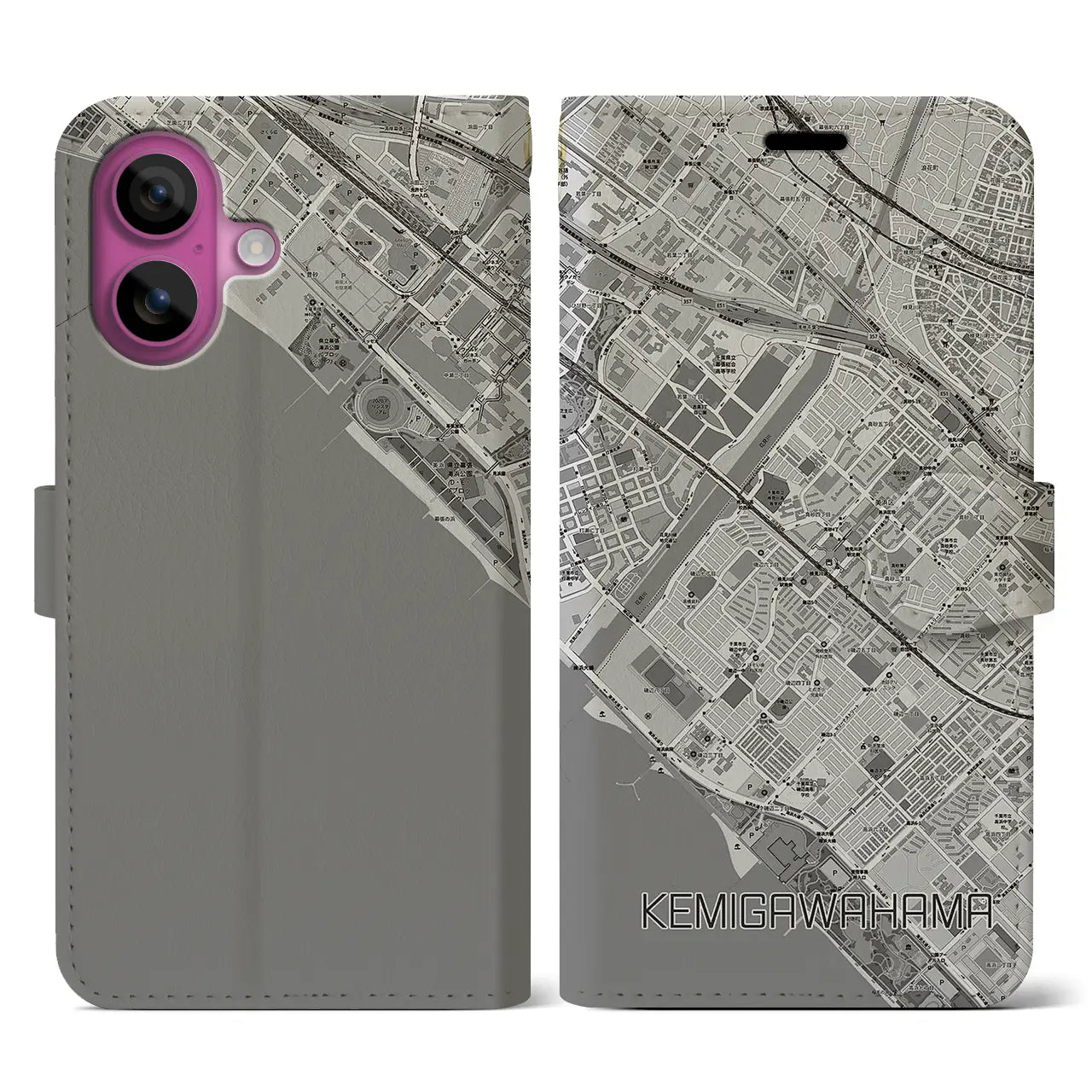 【検見川浜(千葉県)】地図柄iPhoneケース(手帳タイプ)モノトーン・iPhone 16 Pro 用