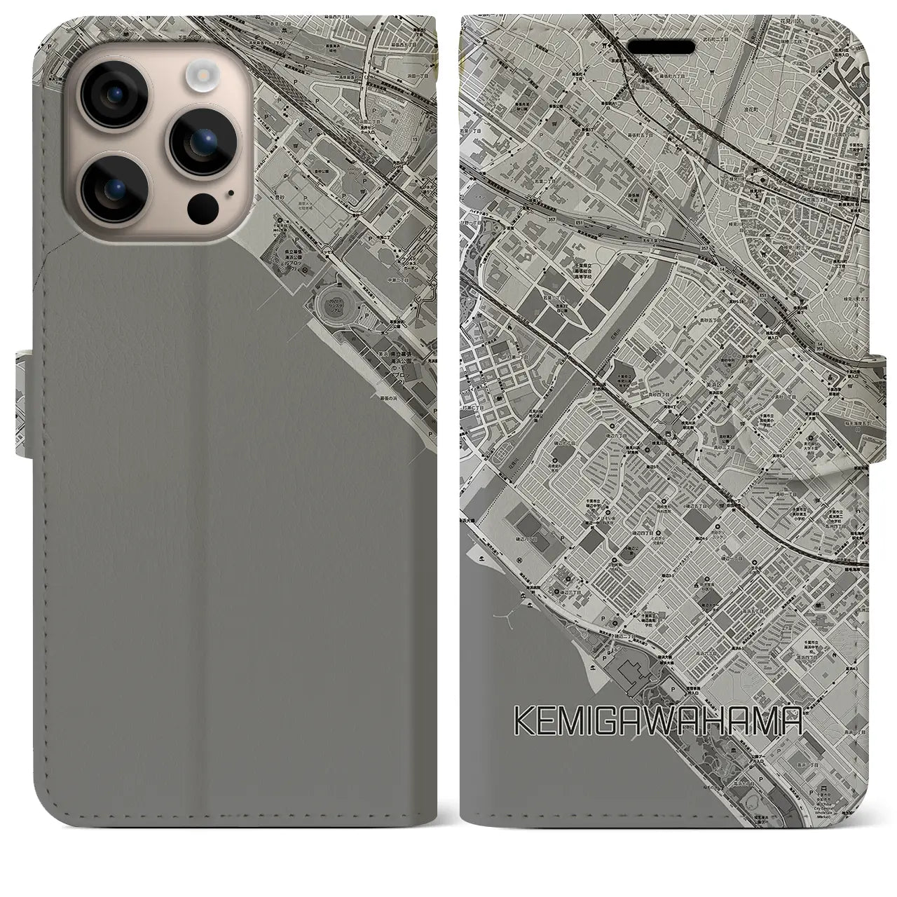 【検見川浜(千葉県)】地図柄iPhoneケース(手帳タイプ)モノトーン・iPhone 16 Plus 用
