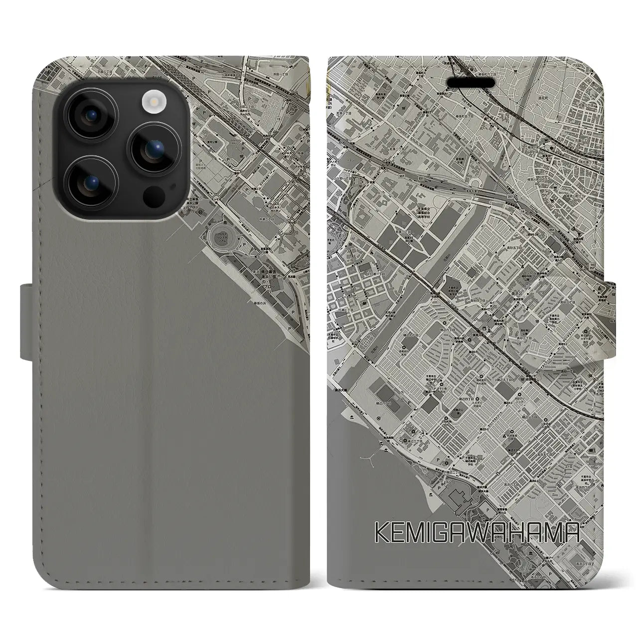 【検見川浜(千葉県)】地図柄iPhoneケース(手帳タイプ)モノトーン・iPhone 16 用