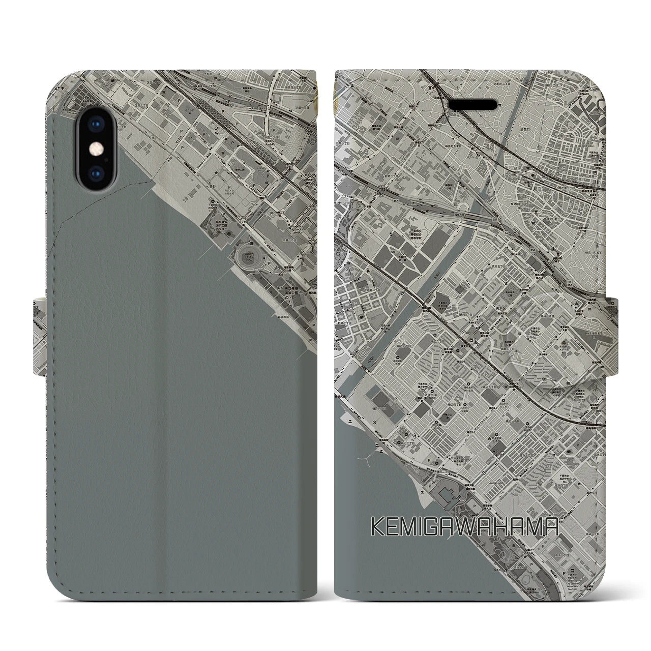 【検見川浜(千葉県)】地図柄iPhoneケース(手帳タイプ)モノトーン・iPhone XS / X 用