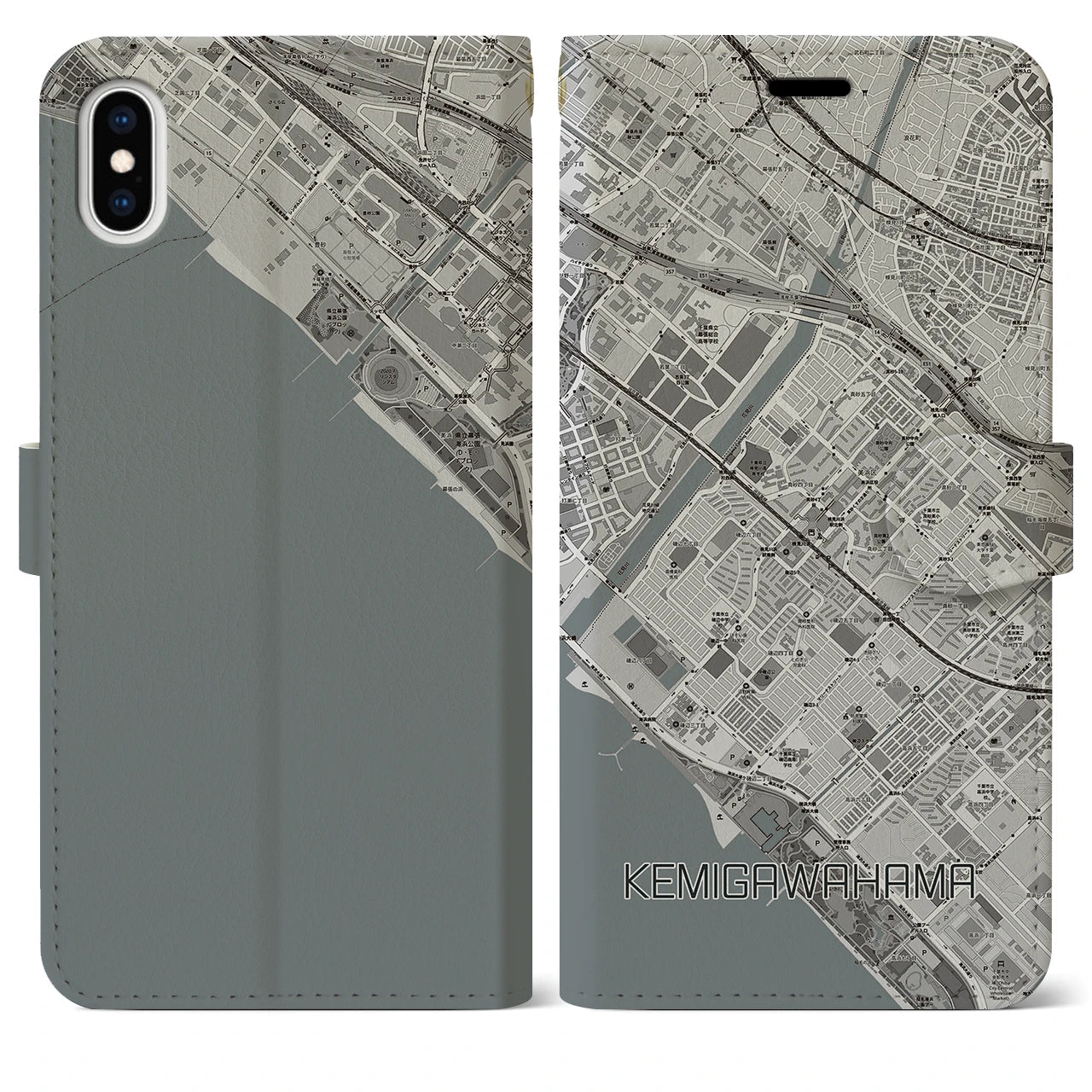 【検見川浜(千葉県)】地図柄iPhoneケース(手帳タイプ)モノトーン・iPhone XS Max 用