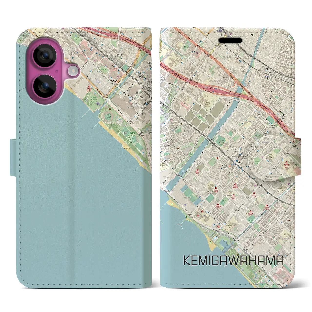 【検見川浜(千葉県)】地図柄iPhoneケース(手帳タイプ)ナチュラル・iPhone 16 Pro 用