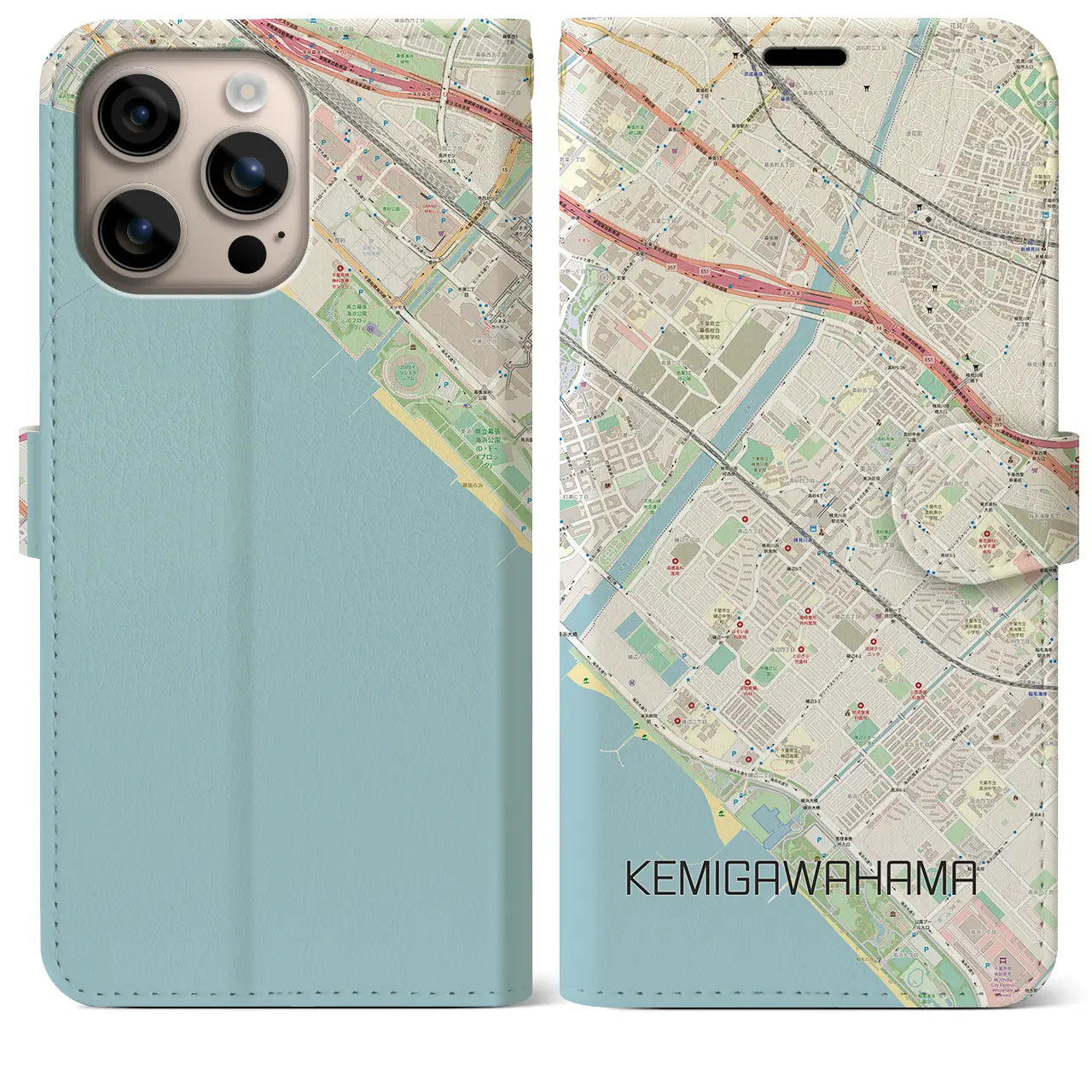 【検見川浜(千葉県)】地図柄iPhoneケース(手帳タイプ)ナチュラル・iPhone 16 Plus 用