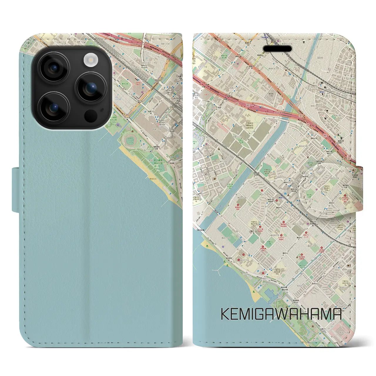 【検見川浜(千葉県)】地図柄iPhoneケース(手帳タイプ)ナチュラル・iPhone 16 用