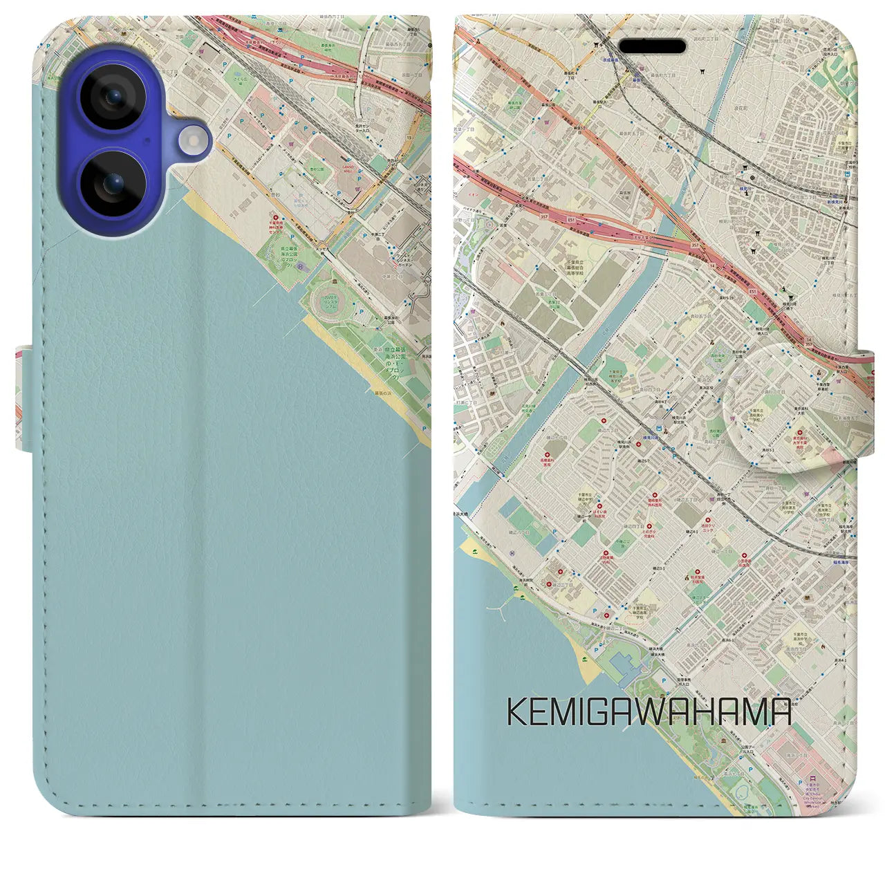 【検見川浜(千葉県)】地図柄iPhoneケース(手帳タイプ)ナチュラル・iPhone 16 Pro Max 用