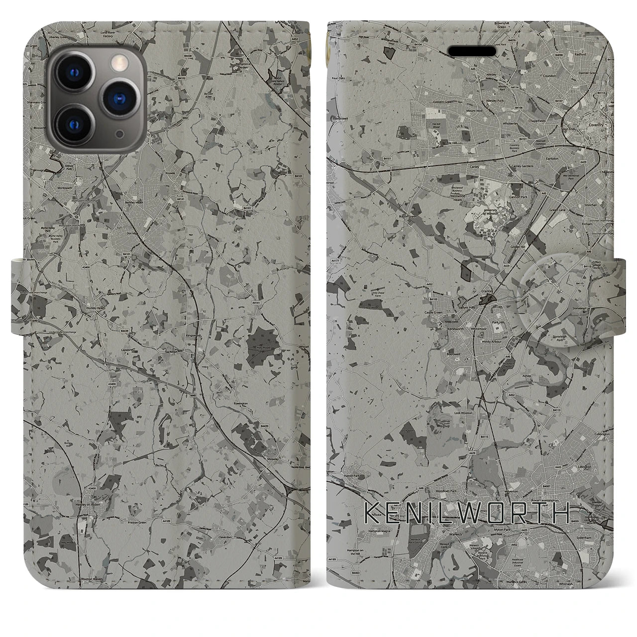 【ケニルワース(イギリス)】地図柄iPhoneケース(手帳タイプ)モノトーン・iPhone 11 Pro Max 用