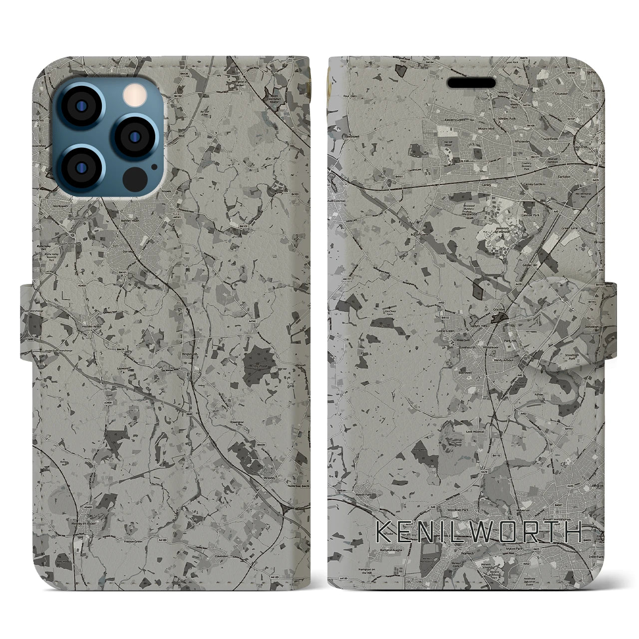 【ケニルワース(イギリス)】地図柄iPhoneケース(手帳タイプ)モノトーン・iPhone 12 / 12 Pro 用