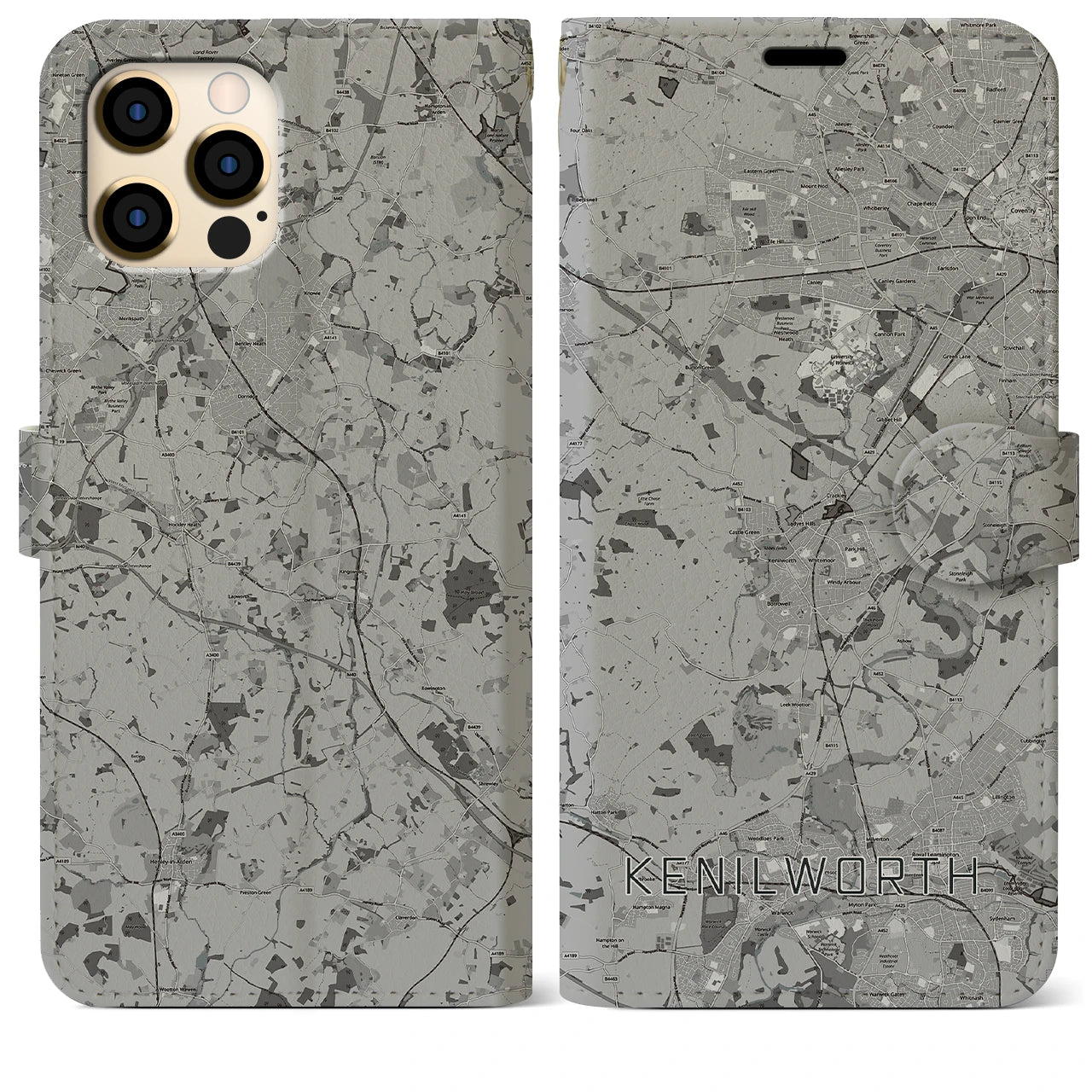 【ケニルワース(イギリス)】地図柄iPhoneケース(手帳タイプ)モノトーン・iPhone 12 Pro Max 用