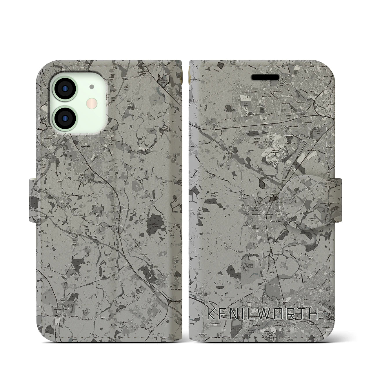 【ケニルワース(イギリス)】地図柄iPhoneケース(手帳タイプ)モノトーン・iPhone 12 mini 用