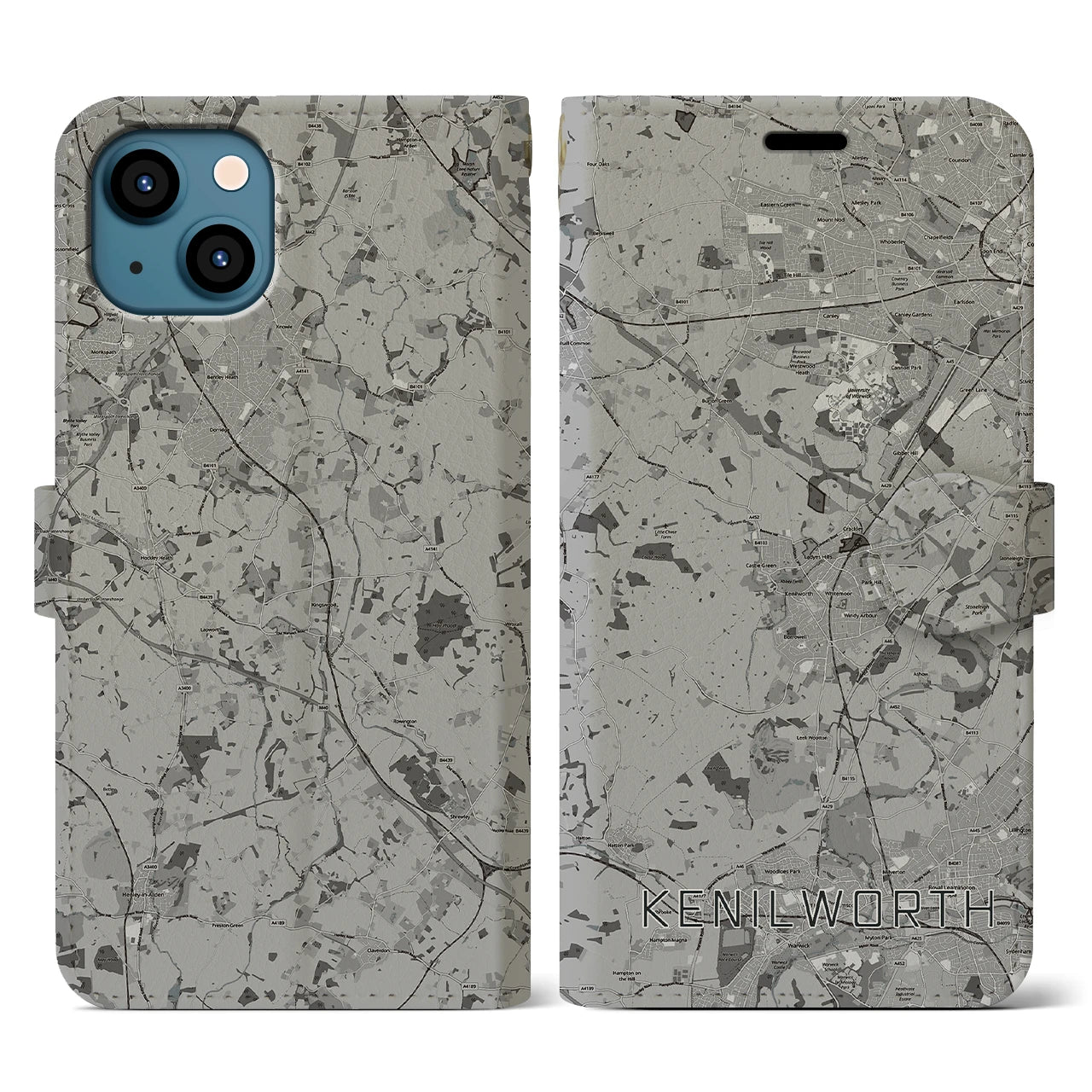 【ケニルワース(イギリス)】地図柄iPhoneケース(手帳タイプ)モノトーン・iPhone 13 用