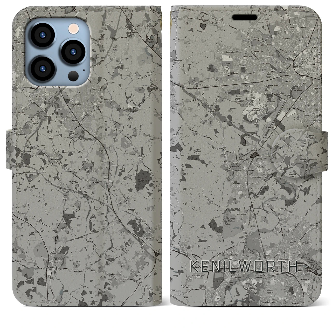 【ケニルワース(イギリス)】地図柄iPhoneケース(手帳タイプ)モノトーン・iPhone 13 Pro Max 用