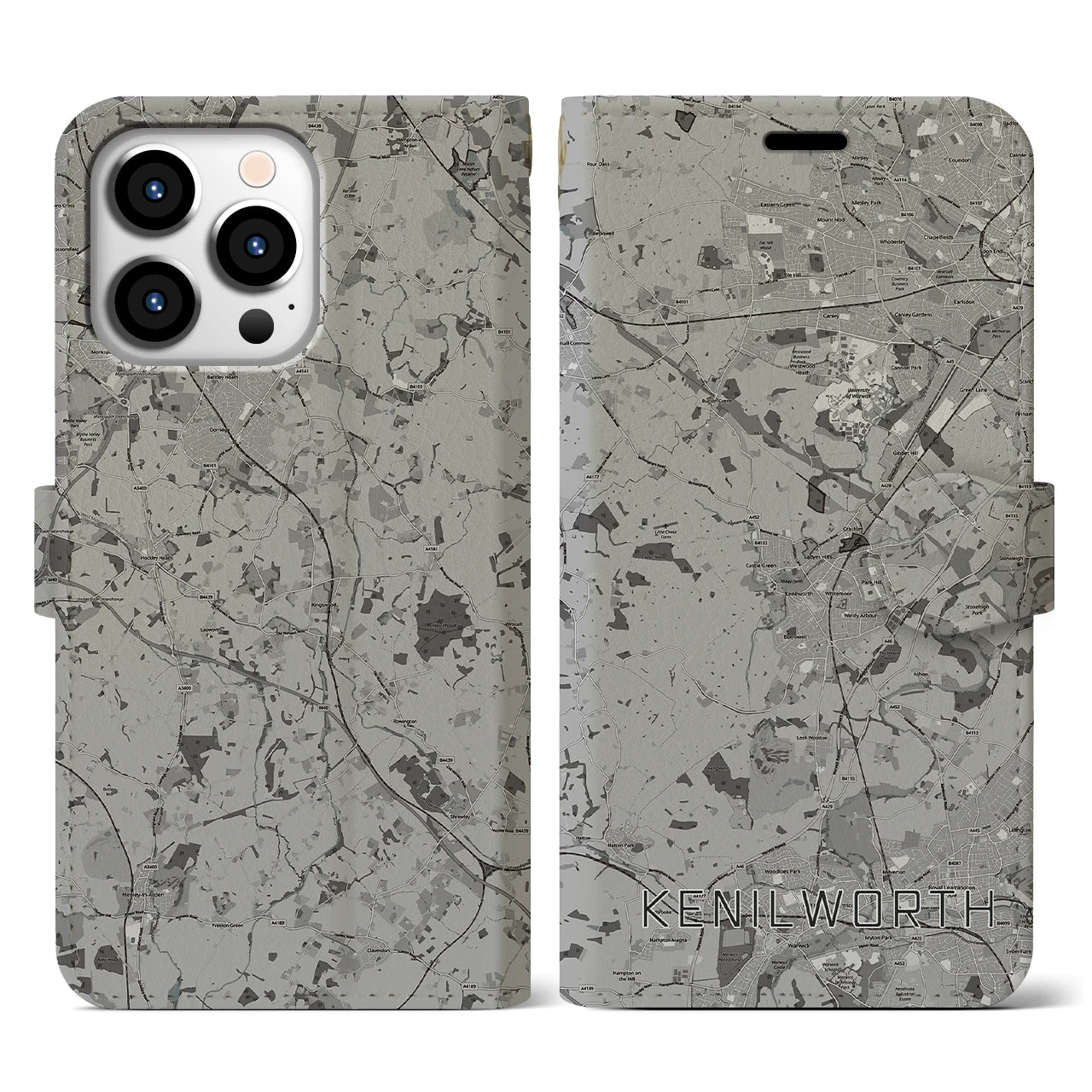 【ケニルワース(イギリス)】地図柄iPhoneケース(手帳タイプ)モノトーン・iPhone 13 Pro 用