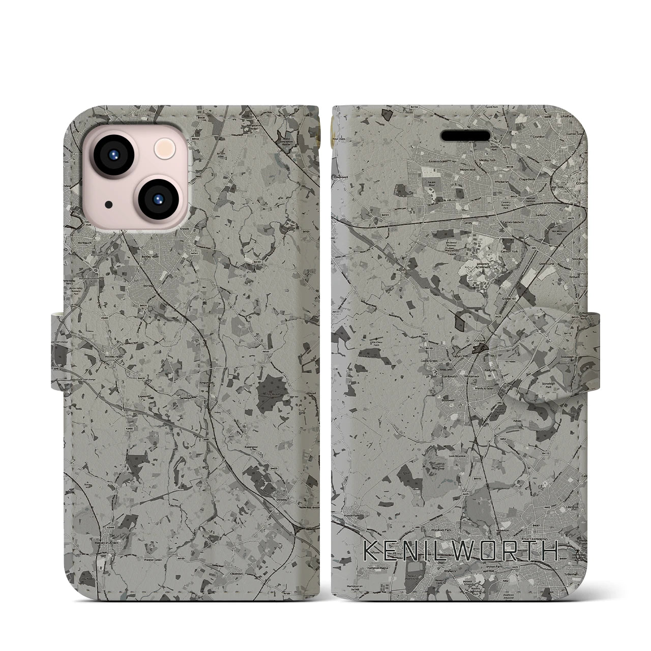 【ケニルワース(イギリス)】地図柄iPhoneケース(手帳タイプ)モノトーン・iPhone 13 mini 用
