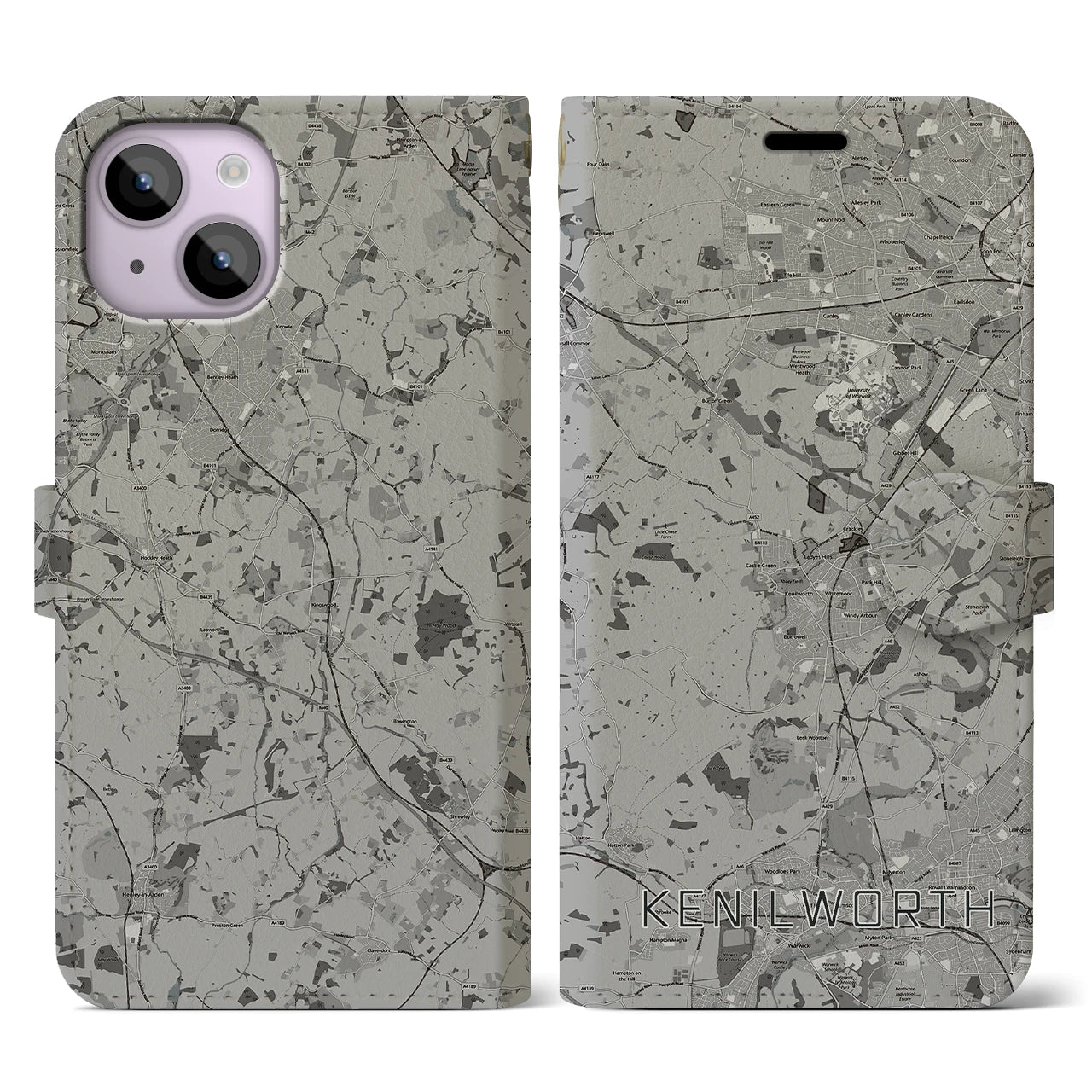 【ケニルワース(イギリス)】地図柄iPhoneケース(手帳タイプ)モノトーン・iPhone 14 用